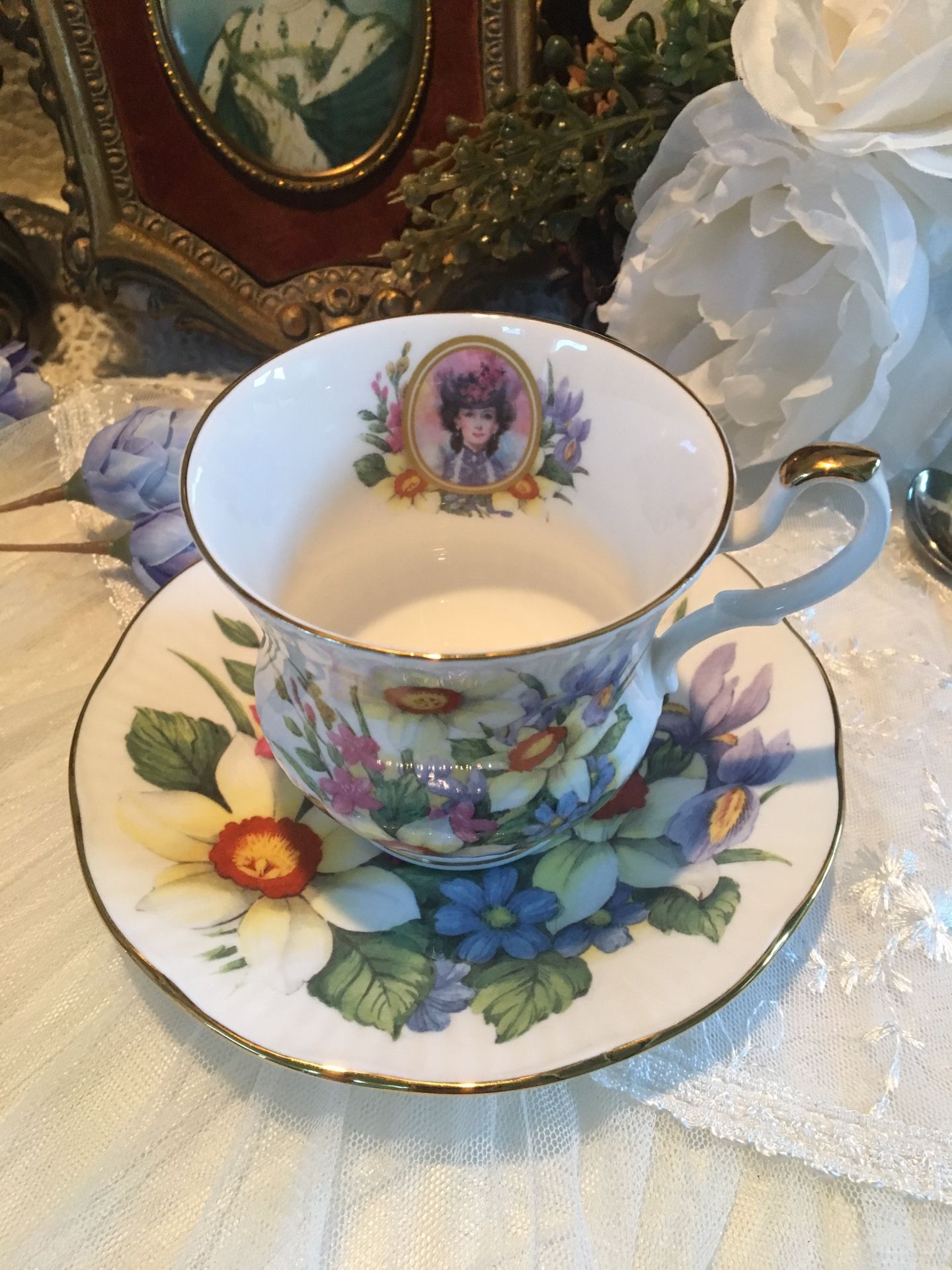Vintage Queen's Fine Bone China Tea Cup and Saucer - Avon 1996 Figurine England ( one (1) cup and saucer pair )