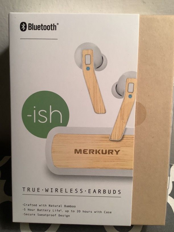 Merkury- ISH True Wireless Earbuds With Charging Case In White and Bamboo Design 