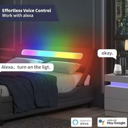 😀 Queen Size ijuicy Bed Frame with RGB LED Headboard Tufted Bedroom Furniture, PVC Upholstered Platform Bed Frame