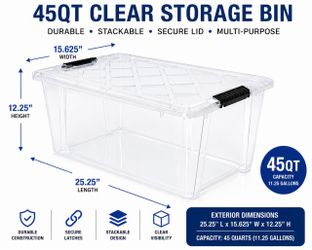 45 QT CLEAR STORAGE BIN WITH LID – STACKABLE STORAGE TOTE – $5 EACH