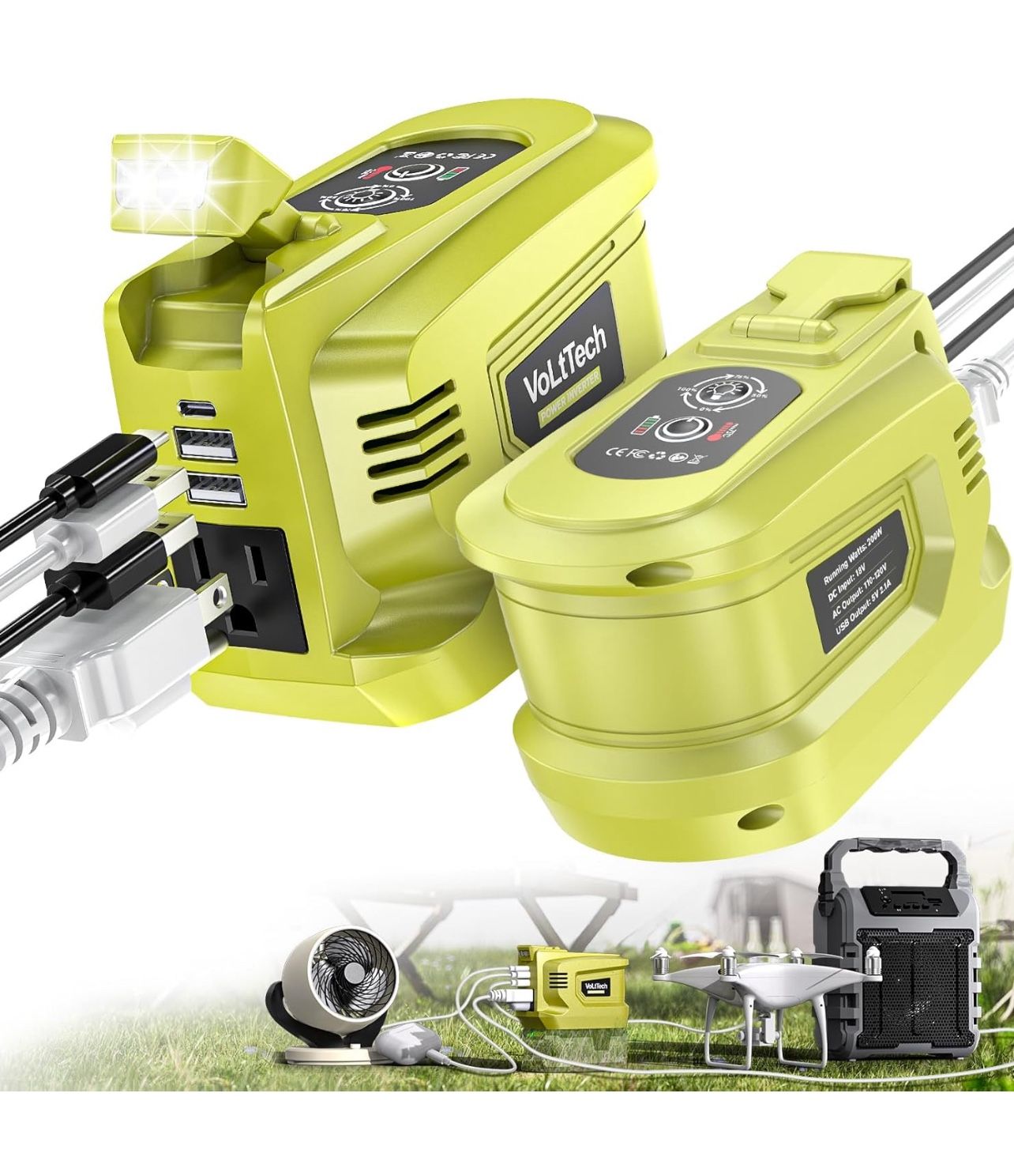 Brandnew 2 Packs Real 200W Power Inverter Compatible With Ryobi, VoLtTech Battery Inverter DC 18V to AC 110V Portable Phone Charger Generator Power Su