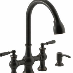 KOHLER Capilano 2-Handle Bridge Farmhouse Pull-Down Kitchen Faucet with Soap Dispenser and Sweep Spray in Oil-Rubbed Bronze