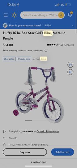 Girls 16” Sea Star Metallic Purple Bike, Huffy