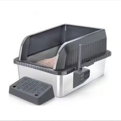  Stainless Steel Cat Litter Box with Lid, Scoop, Non-Stick Metal Pan, Double Pedal Design & Anti-Leak, Gray