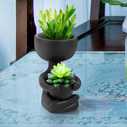 Black Ceramic Sitting Human Shaped Planter, Flower Pot Plant, Container Desktop Decoration for Home Office (6x6x10cm)