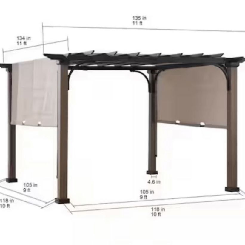 11ft X 11ft Sunjoy Neuralia 11 ft. x 11 ft. Steel Pergola with Natural Wood Looking Finish and Adjustable Tan Shade!