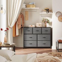 7 Drawer Dresser TV Stand, Entertainment Center, Media Console Table with Metal Frame and Wood Top for TV up to 45 inch, Chest of Drawers for Bedroom,