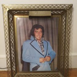 Vintage Mid Century Modern Lighted Elvis Presley Picture W/ Gold Tone Metal Wire Frame 21"x17"