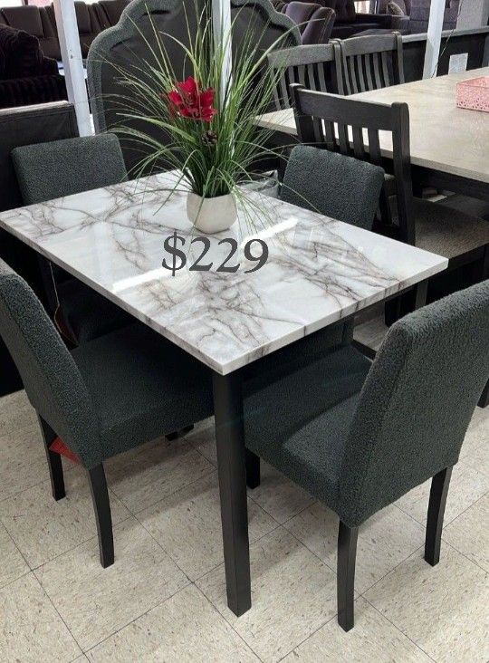 5-pc Dining Table Set With Grey Wool Fabric Upholstery