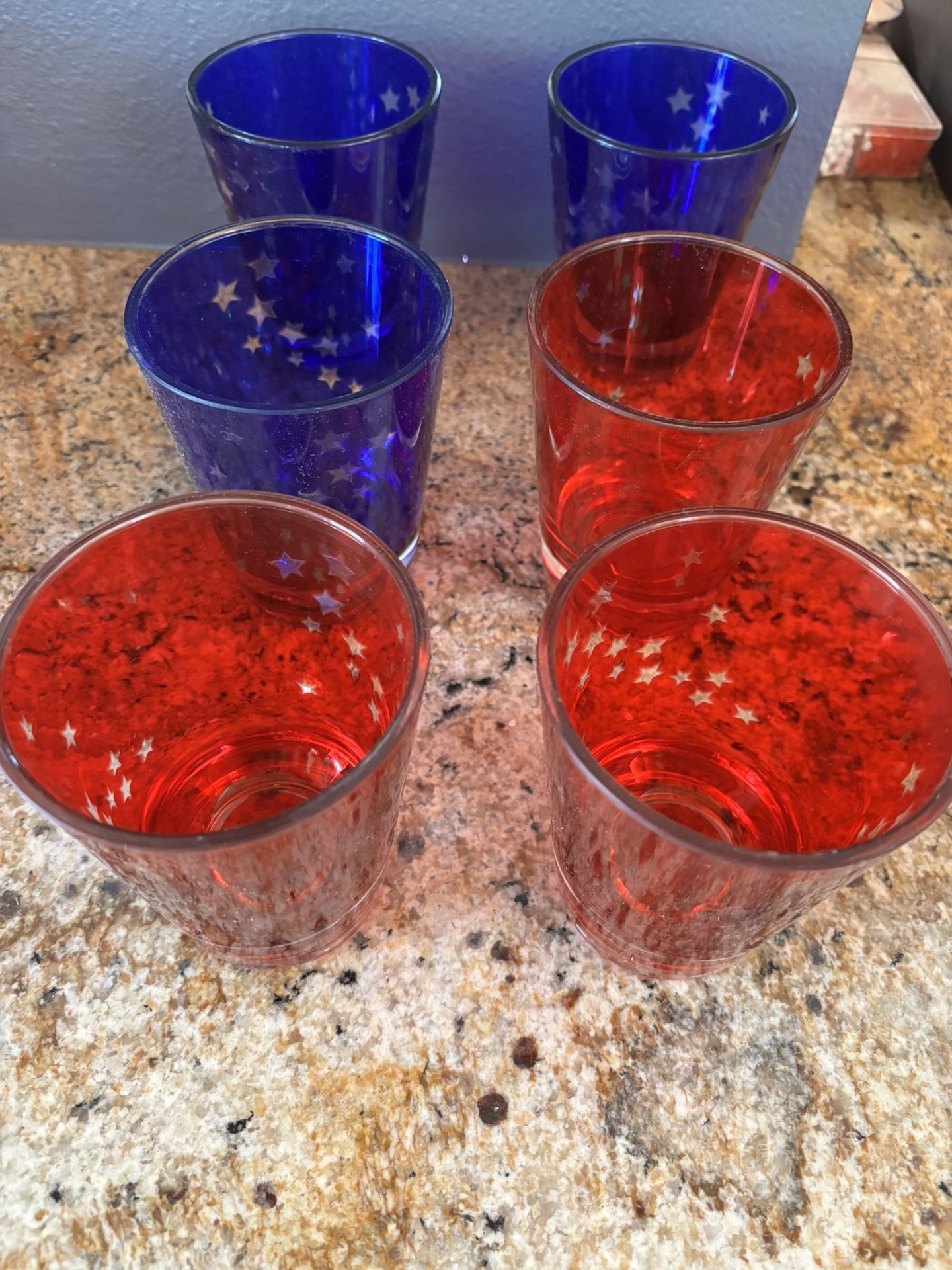 Americana Patriotic Vintage Set Of 6 Red And Blue Roly Poly Glasses