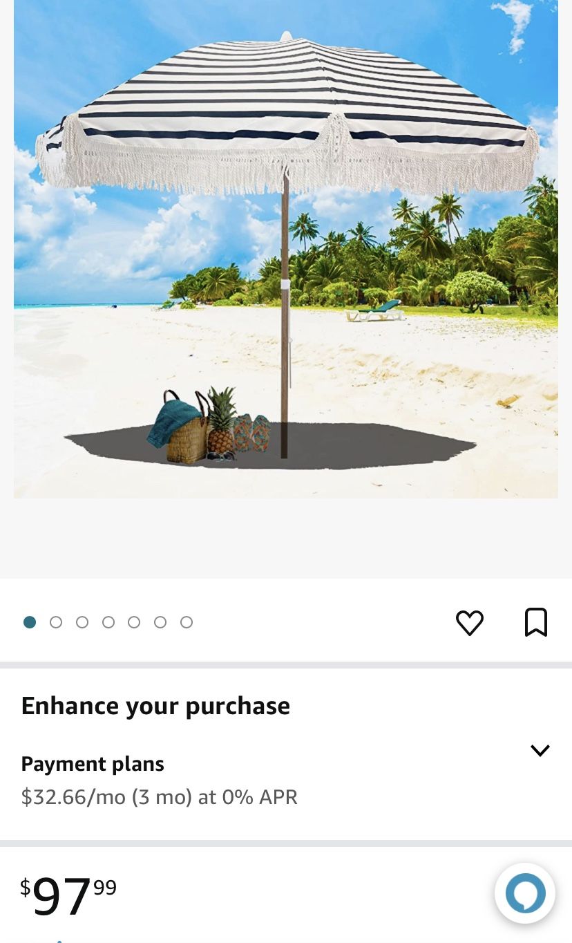 7’ Beach Umbrella Fringed tassels Wood Grain Steel Pole