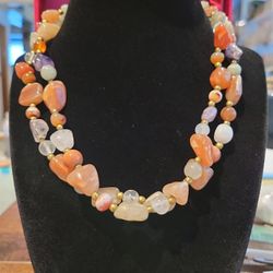 Vintage Natural Agate Multicolored Gemstone Long 34" Necklace F8