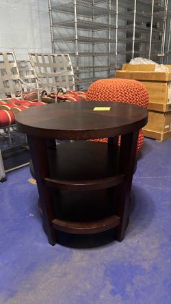 Round Dark Wood End Table with Shelves