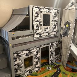 Twin Loft Bed with Stairs & Slide, Gray Camo Tent 