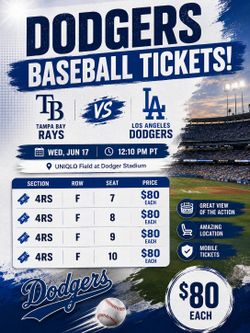 Dodgers vs Rays Tickets For Sale ⚾️ | Section 4RS Row F | Season Ticket Holder