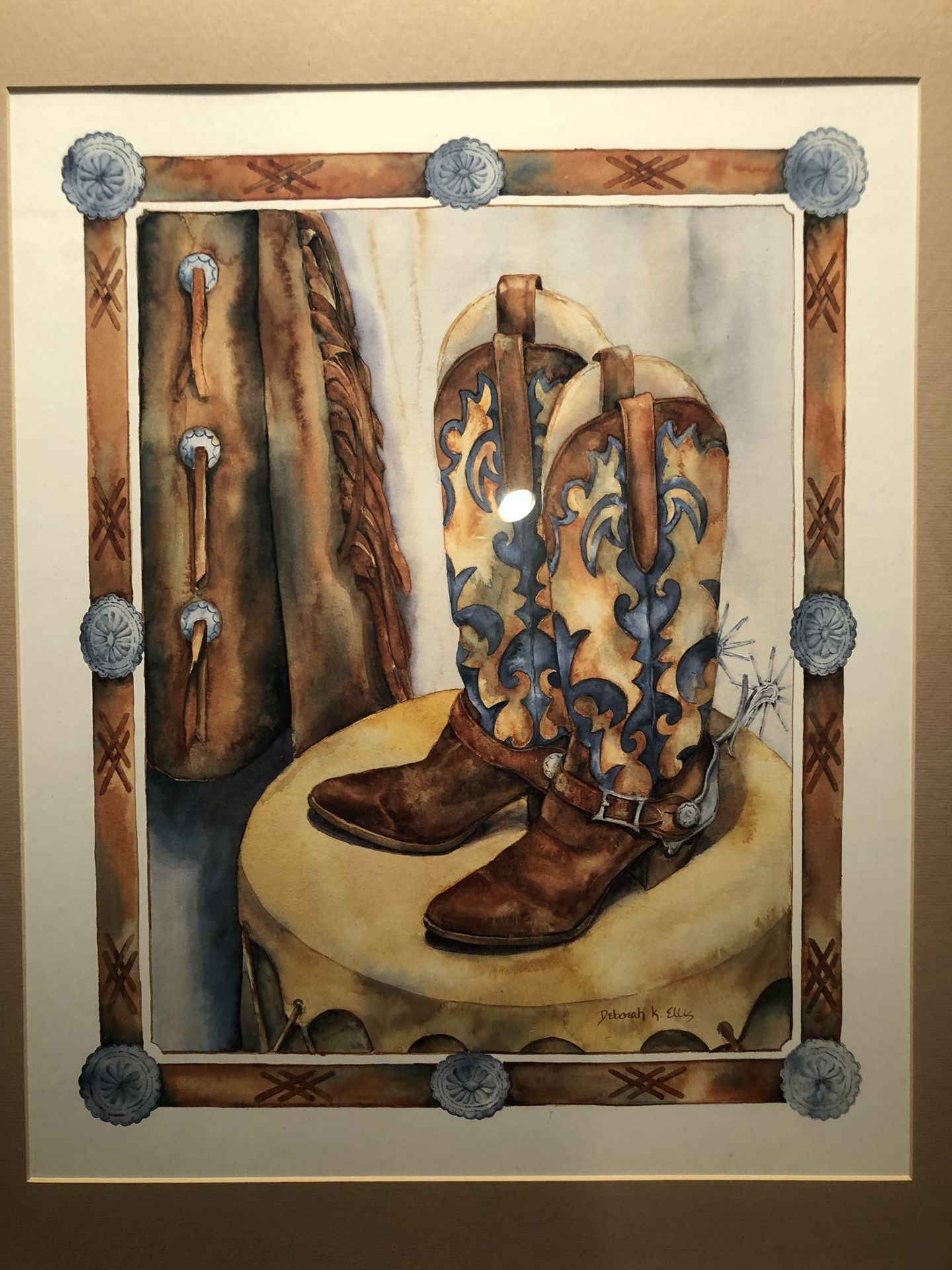 COWBOY BOOTS, DRUM, & JACKET ART WORK SIGNED BY DEBORAH K. ELLIS !!