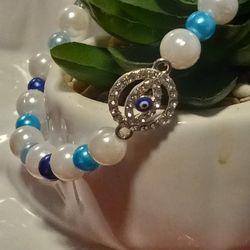 Blue And White Elastic Silver Tone Evil Eye Bracelet 