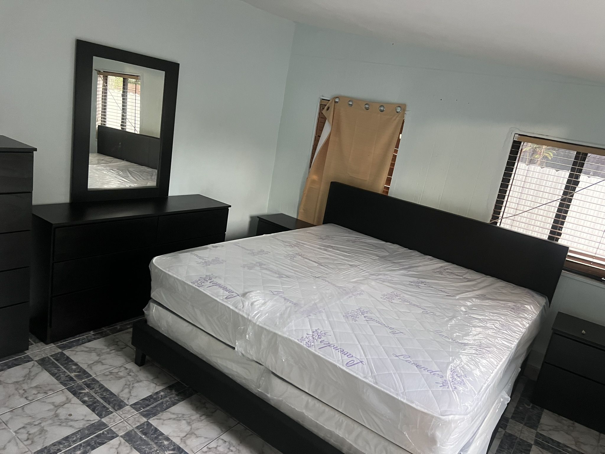King Size Bed Frame With Mattress And All New Furniture And 2 Nightstand And Dressed And Mirror And Chest And Free Installation And Free Delivery