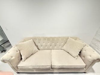 Macy's Chesterfield Tufted Loveseat – Cream Microsuede – Like New