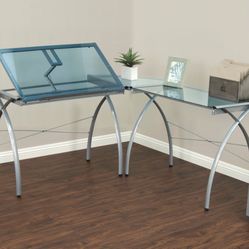 L-shaped Glass And Metal Drafting Desk