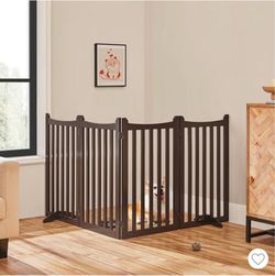 Wooden Fence Foldable Pet Gate, Espresso 4 panels