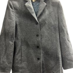 LL Bean Womens Wool Blazer 14R Blue White Black Pockets Lined Jacket Mid Length