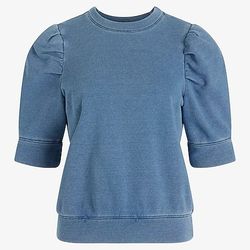 Express Washed Crew Neck Short Puff Sleeve Fleece Sweatshirt - Blue - Size M