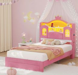 Twin Bed Frames for Girls with Storage Headboard,Princess Bed with LED Lights & Charging Station and Crown,Pink