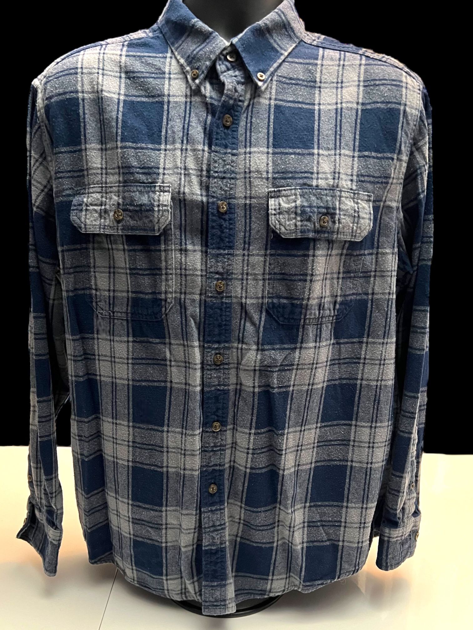 Faded Glory Blue Plaid Flannel Button Down Shirt Size Large 42-44 Outdoor Casual Workwear Men