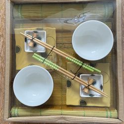 12 pcs Sushi Dinnerware set,Bamboo Rolling Mats,Plates,Bowls,Sauce Dishes,Chopsticks & Rests