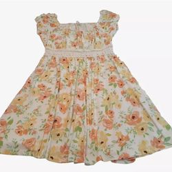 Derek Heart Orange/Yellow Floral Dress Crochet Scoop Neck Cap Sleeve