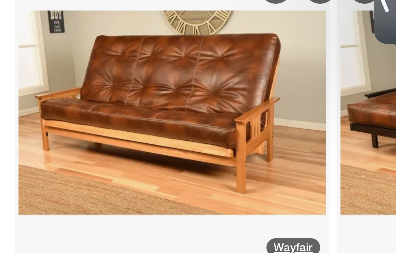 Futon Queen (brown Leather & brown stained frame)