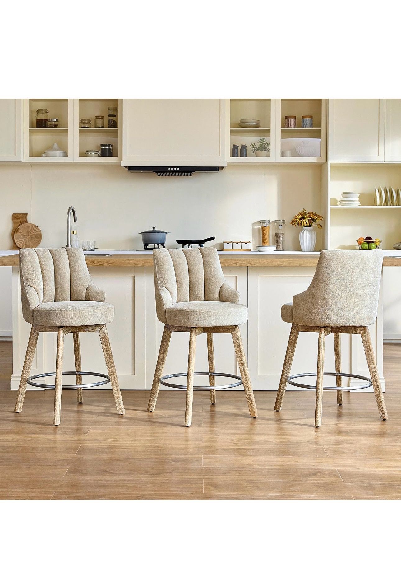Counter Height Bar Stools,Swivel Bar Stools with Backs,Barstools Set of 3,26'' Solid Wood Legs,Thick Seat Upholstered Linen Fabric Counter Height Stoo