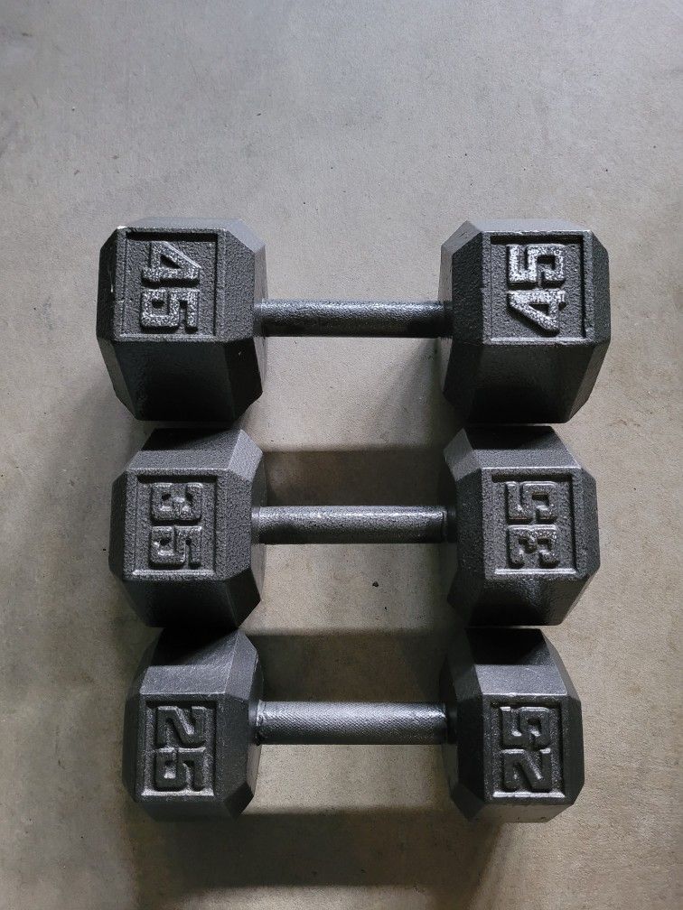 Hex Dumbbells (1x25Lb,1x35Lb,1x45Lb) for $80 Firm (WALNUT 91789)