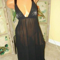 NWT VICTORIA'S SECRET VERY SEXY SHEER LACE BLACK FULL LENGTH BACKLESS CRYSTAL RHINESTONE BLING PLUNGING V-NECK FORMAL DRESS GOWN SIZE L LARGE