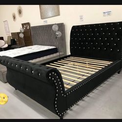 🤩Super Sale‼️ Black Velvet Queen Size Noella Platform Bed 💥 Brand New ✅ Fastest Delivery 👍