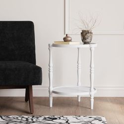 White Accent Wood End Table, 2-Tier Round Bedside Table, Natural Side Table Nightstand Retails $143