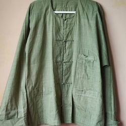Men's Linen Green  Olive  Long Sleeve Shirt Top Size 2X Extra Large L
