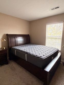Dark Wood Sleigh Bed Frame with Footboard with mattress