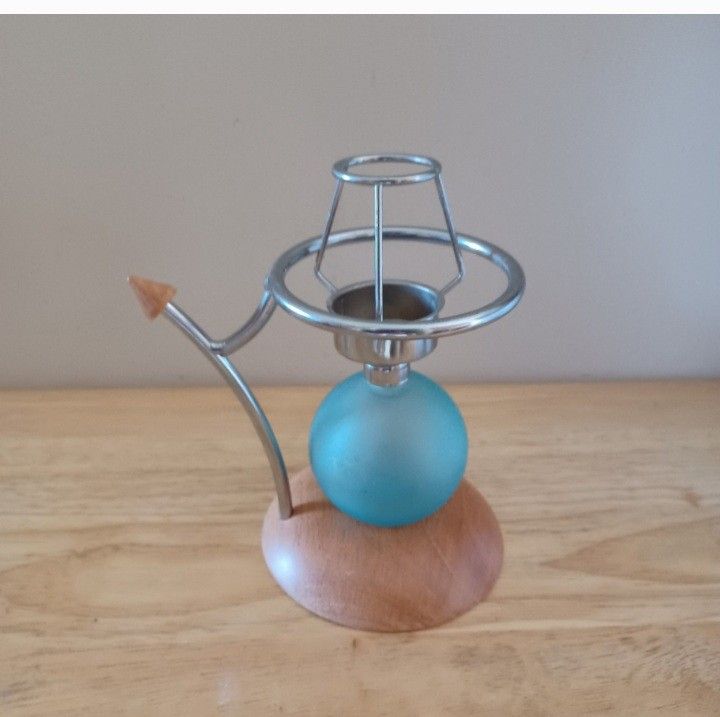 Vintage Blue Glass, Metal & Wood Frame Unique Candle Holder