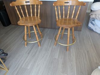 Pair Of Wooden Swivel Barstools