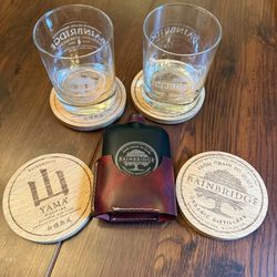 Bainbridge Organic Distillers Whiskey Glasses,m Coasters Flask Leather Case Yama