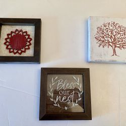 Set/3 Mini Home Decor Wood, Glass & Canvas Wall Plaques