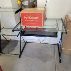 Modern Black And Glass Desk Computer Table With Shelves And Tray 