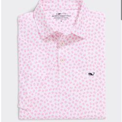 Vineyard Vines Golf Shirt Polo Sun Pink Print Sankaty Medium Blue NWT MSRP $110