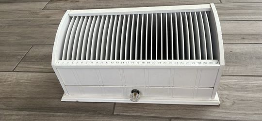 White wooden desk organizer with 31 slot mail organizer and drawer