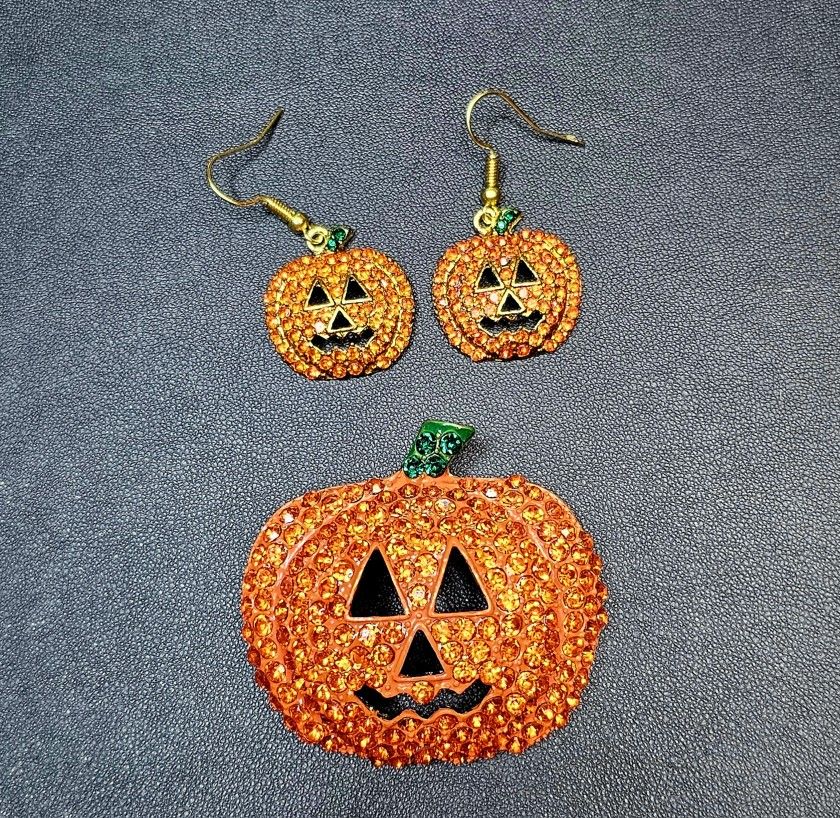 Huge Rhinestones Brooch Earrings Set Jack O Lantern  Halloween 