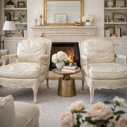 Vintage 1990s Sam Moore Bergère Chairs in Ivory Genuine Leather, Whitewashed Maple Frame – Pair