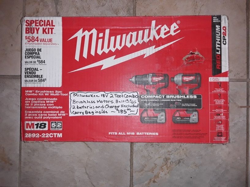 Milwaukee M18 Brushless 2 Tool Combo Kit With Impact Driver Drill 2.0 Batteries Charger And Carry Bag
