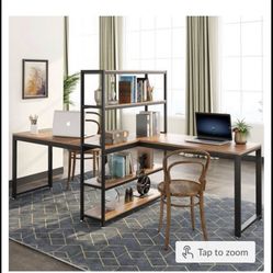 Tribe signs Two Person Computer Desk with Bookshelf, 90 inches Double Face-Face Workstation Desk                       